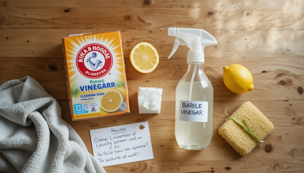 DIY natural cleaning ingredients on kitchen counter – vinegar, baking soda, lemon, spray bottle, and handwritten recipe card – eco-friendly and budget-friendly solution.